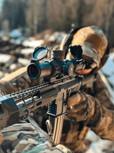 Strzelec w mundurze celujący przez celownik Vortex Optics na precyzyjnej karabinie snajperskim. Foto: Rigad