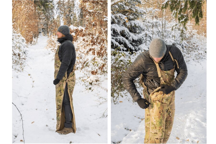 Spodnie Sleeka Reversible Salopettes Snugpak – Full Leg Zip. Rozpinanie górnej części bocznego zamka. Źródło: L.G. (autor)
