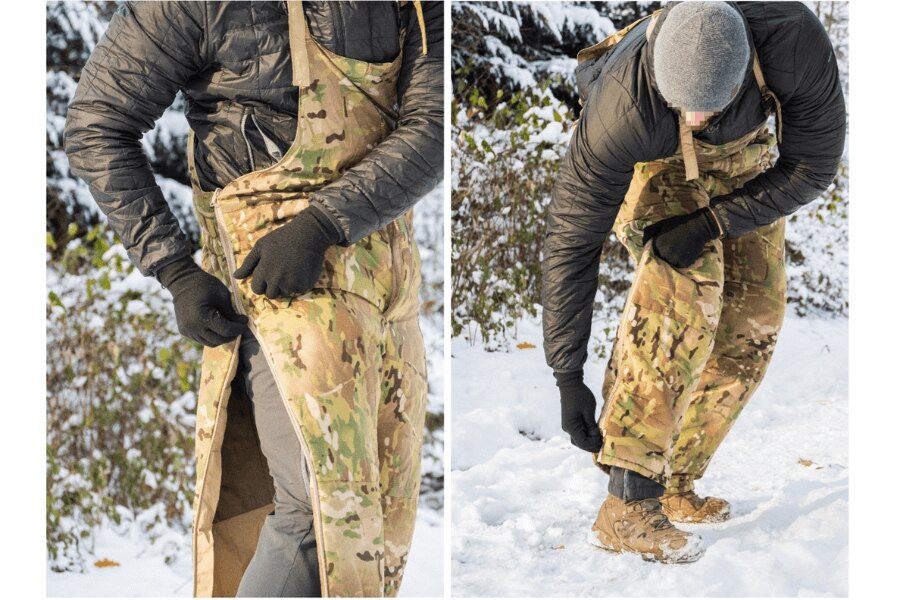 Spodnie Sleeka Reversible Salopettes Snugpak – Pełne Zapięcie na Suwak na Całej Długości Nogawki. Rozpinanie górnej i dolnej części bocznego zamka. Źródło: L.G. (autor)