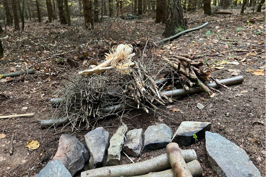 Materiał do rozpalania ognia - patyki + featherstick. Źródło: Zapałka