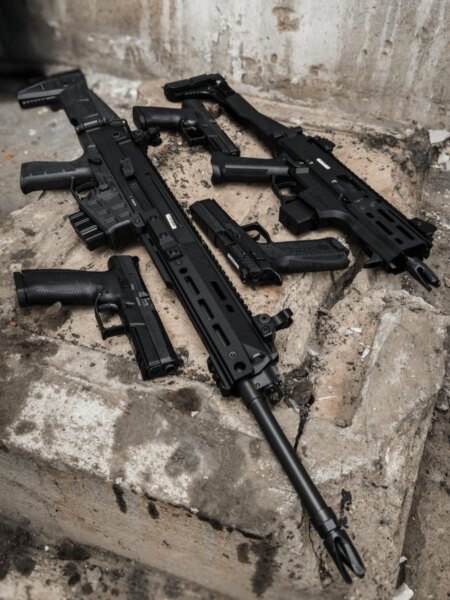 Dwa pistole maszynowe CZ Scorpion EVO 3 z pistoletami w środowisku przemysłowym